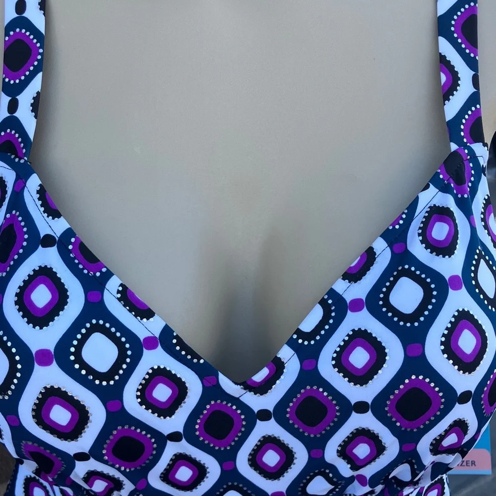 Swim Solutions Black White and Purple Geometric One Piece Swimdress - Picture 6 of 10